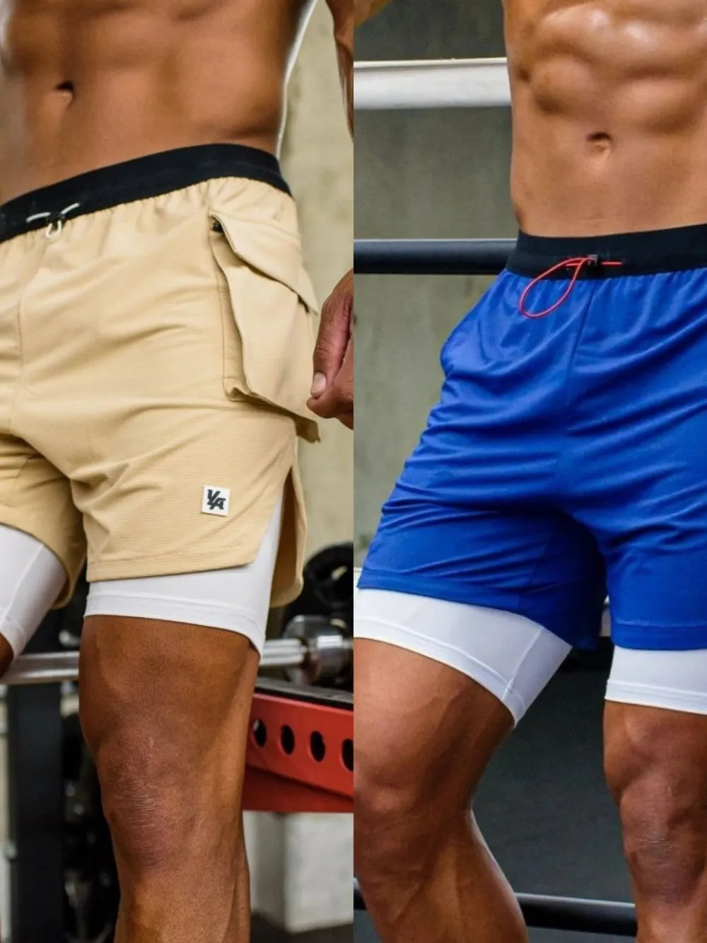 Performance layered cargo shorts in tan and royal blue with white built-in briefs.