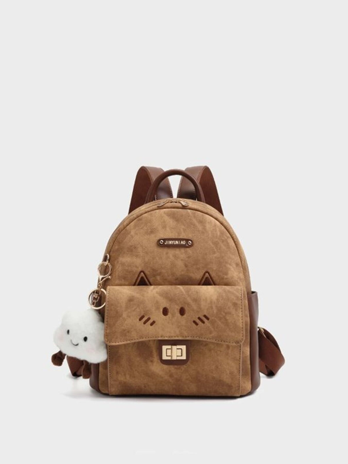 Brown cartoon cat mini backpack with adjustable straps and cloud charm