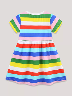Toddler rainbow striped cotton dress with short sleeves and gathered waist