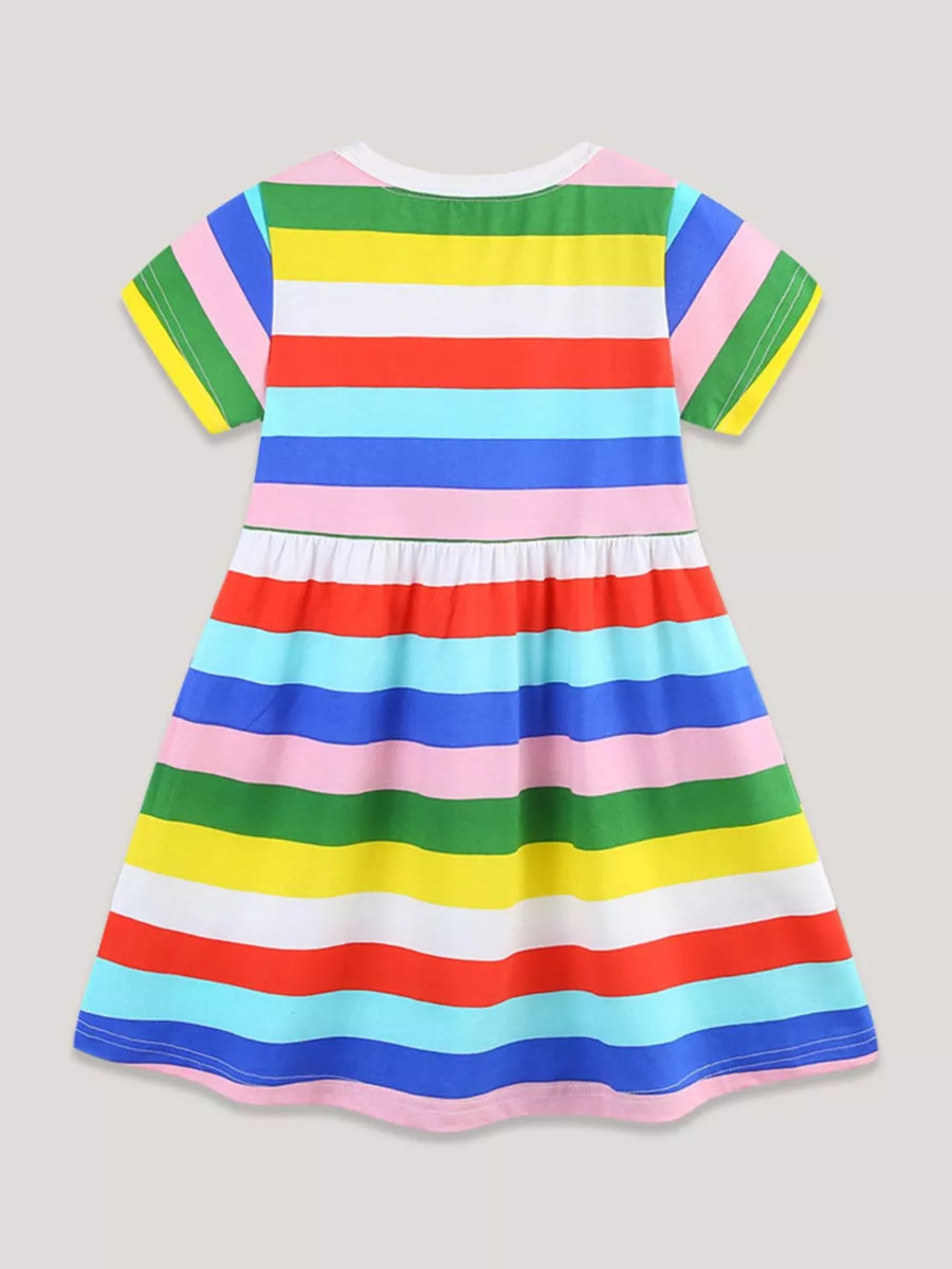 Toddler rainbow striped cotton dress with short sleeves and gathered waist