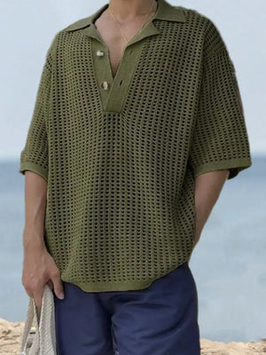 Open-knit polo shirt in army green with pointed collar and two buttons.