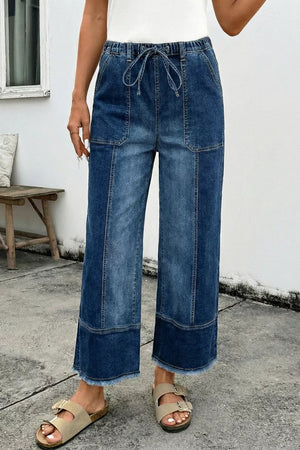 Drawstring Raw Hem Wide Leg Denim Pants option 6