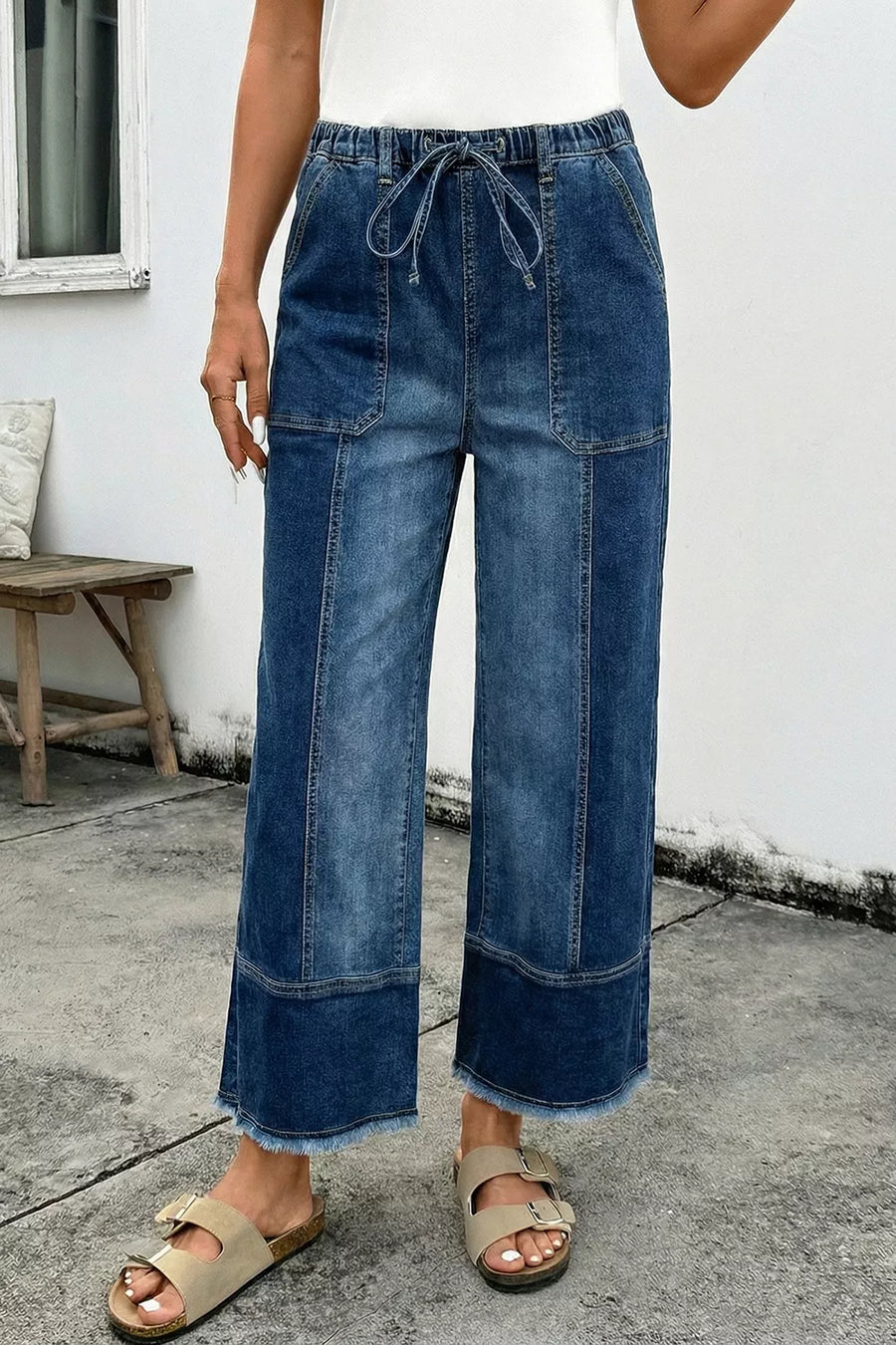 Drawstring Raw Hem Wide Leg Denim Pants option 6