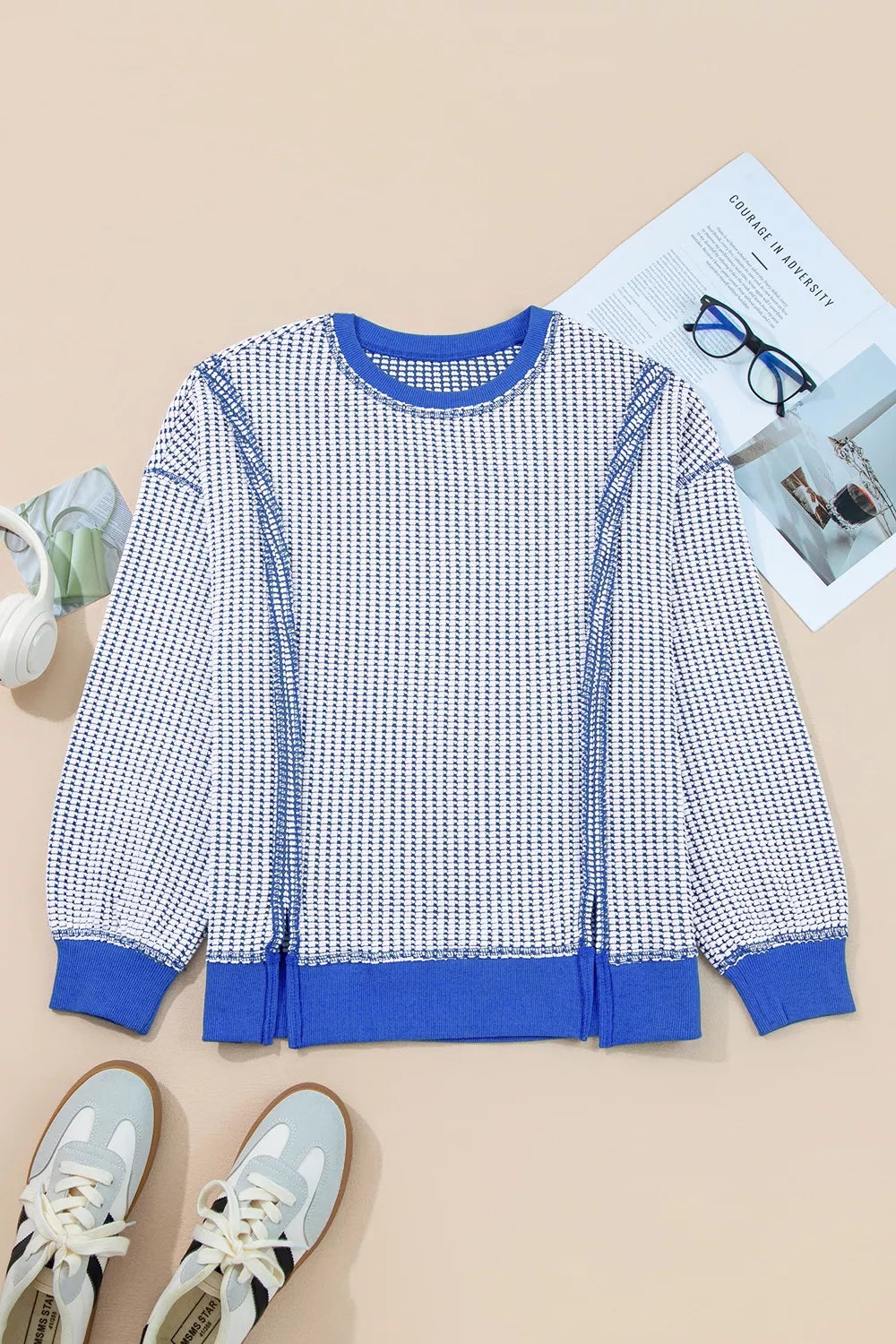 white sweatshirt with hip-length and pullover