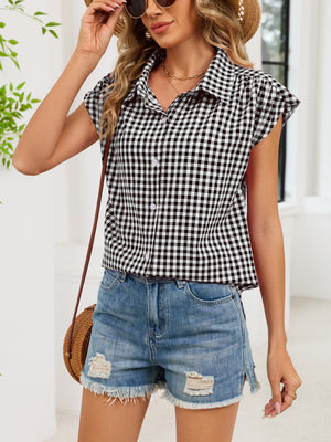 Plaid Button Up Cap Sleeve Shirt in Blue, view 17