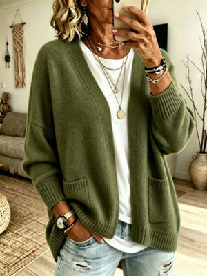 Open Front Knit Cardigan With Pockets in Army Green