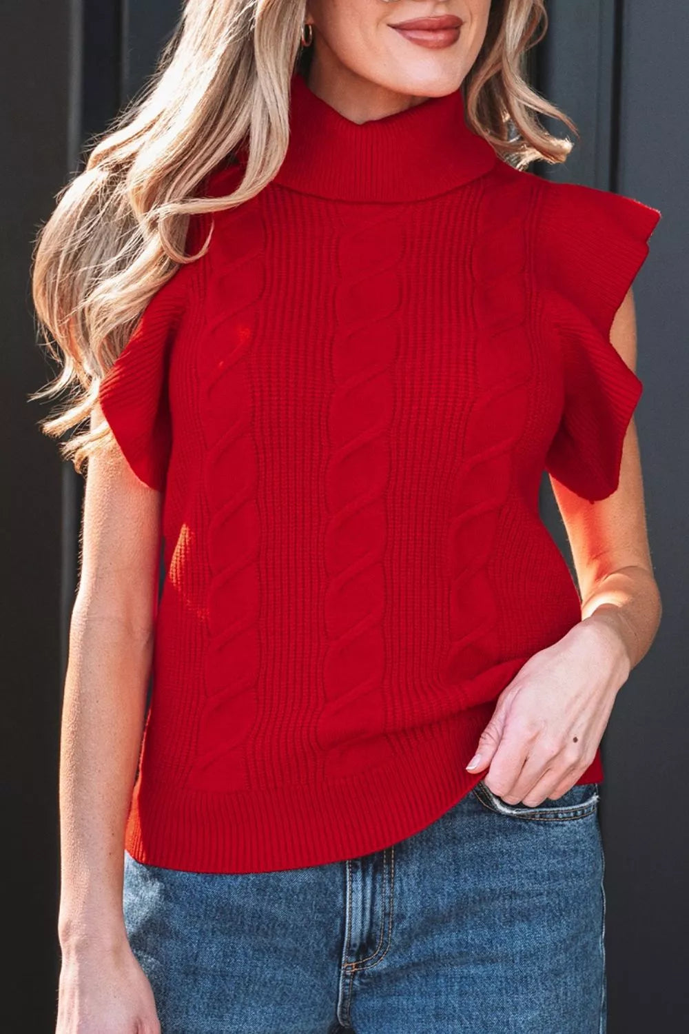 red turtleneck sweater with cable knit and turtleneck