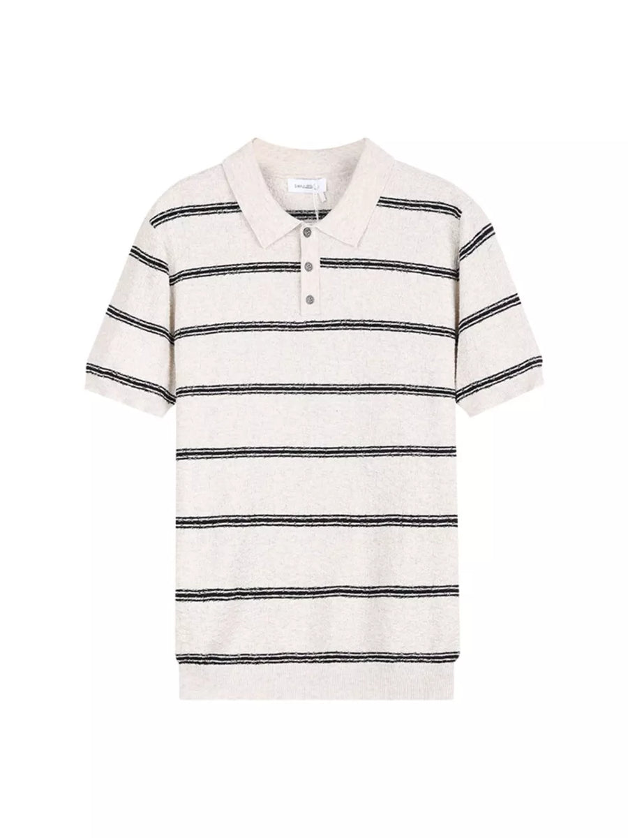 Men's short sleeve knit polo shirt in white with black horizontal stripes and button accents.