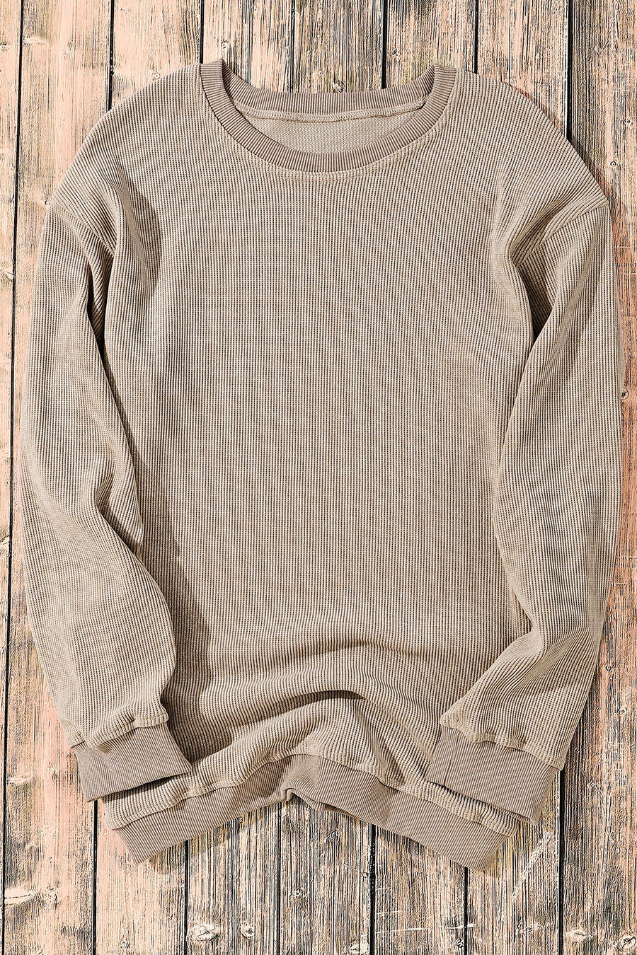 Textured ribbed crewneck pullover sweater in Khaki with long sleeves and crew neckline.