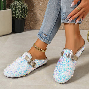 Sparkling Sequin Buckle Slip-On Loafers in Sky Blue with sequins