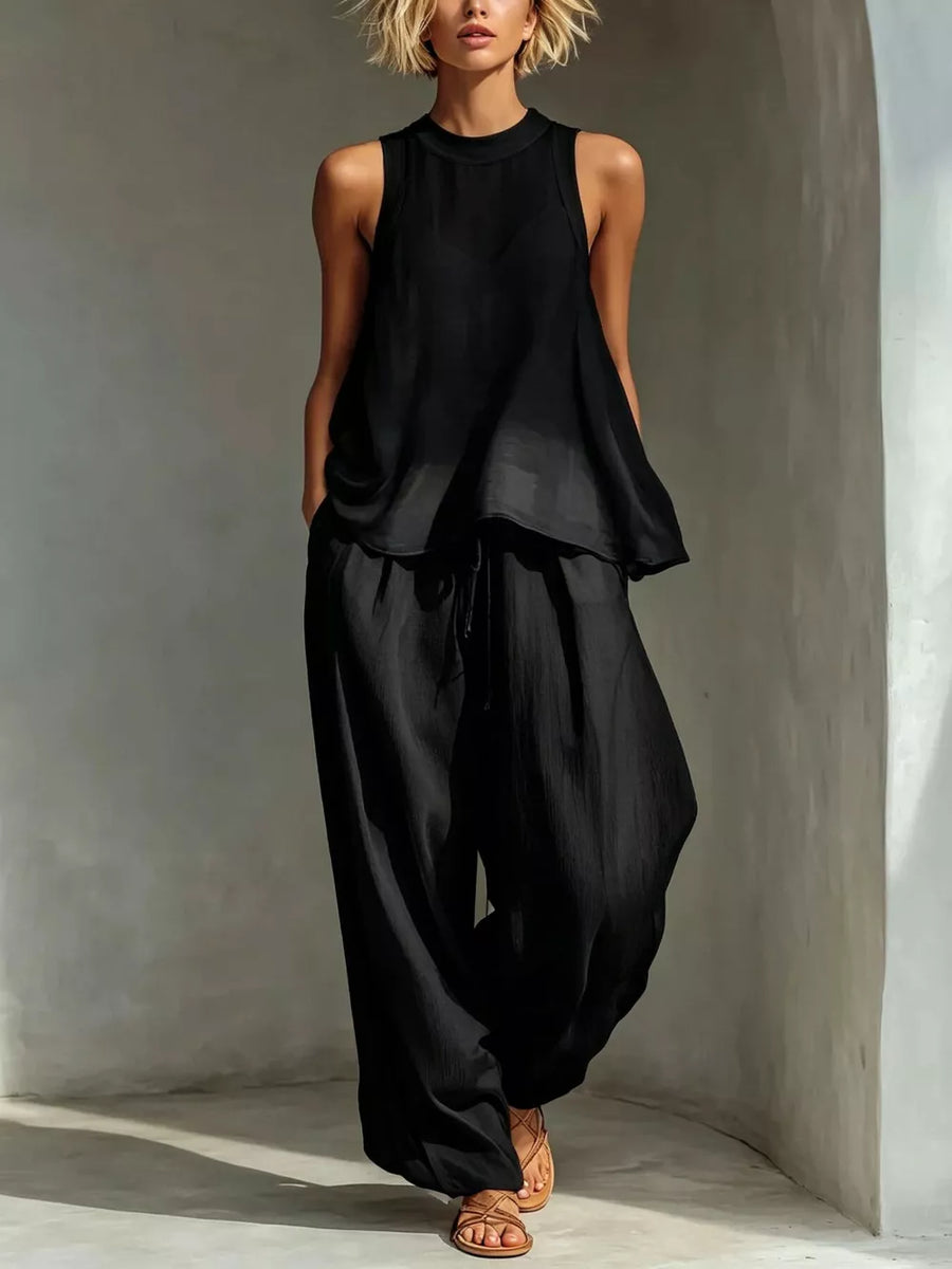 Navy Blue two-piece set with full-length and drawstring