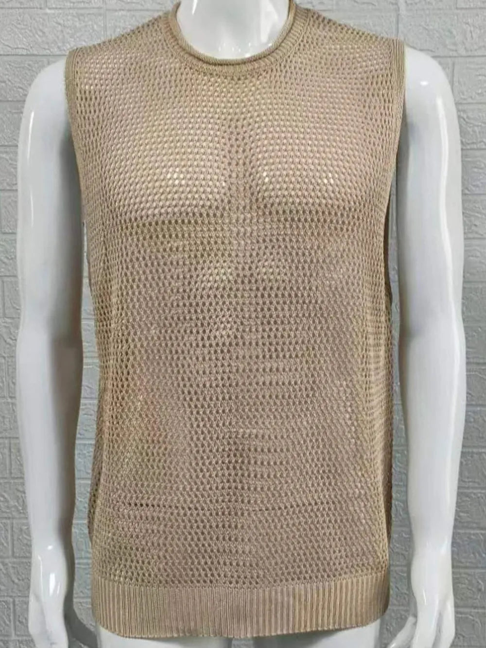 Khaki open-knit sleeveless crewneck tank top with a diamond pattern.