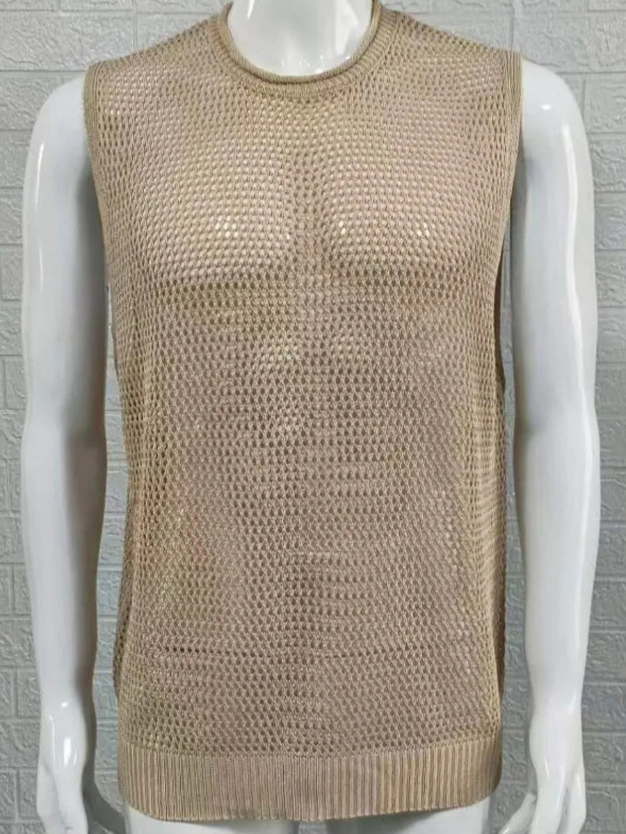 Khaki open-knit sleeveless crewneck tank top with a diamond pattern.