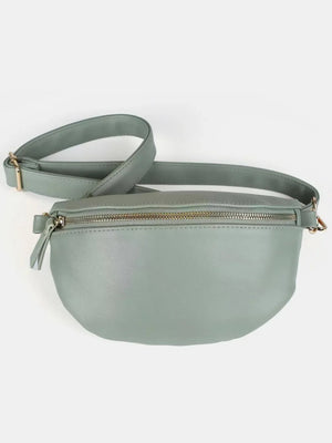 Sage faux leather curved zip belt bag with adjustable strap