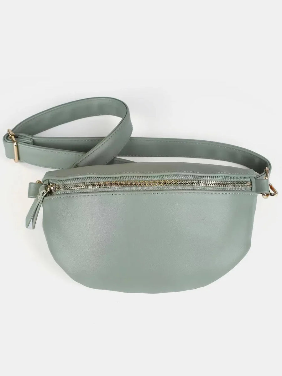 Sage faux leather curved zip belt bag with adjustable strap