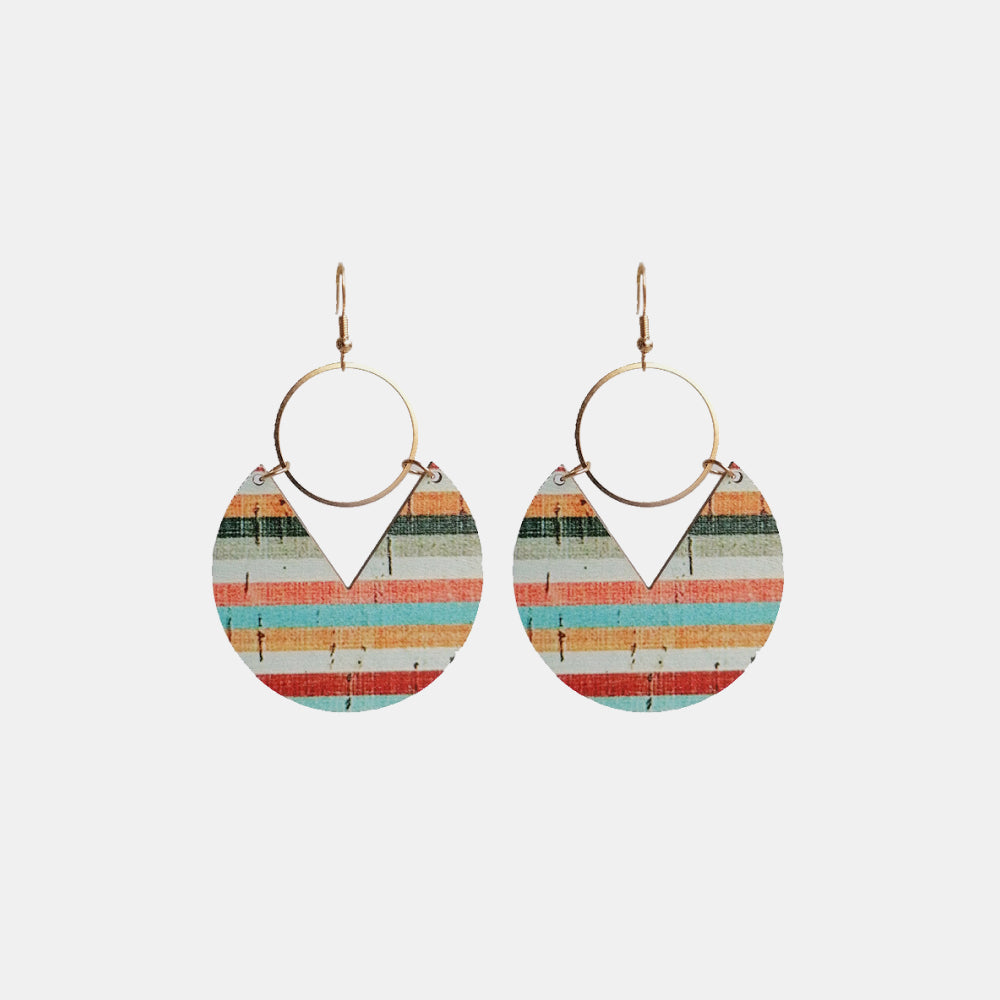Geometric striped wood drop earrings with gold hoops and a V-cut detail.