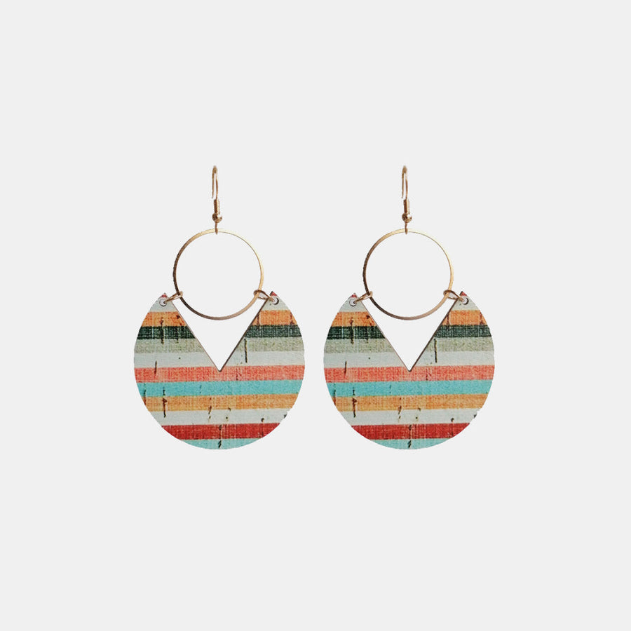 Geometric striped wood drop earrings with gold hoops and a V-cut detail.