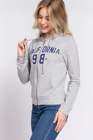 Grey zip hoodie with California '98 graphic, featuring a drawstring hood and front pocket.