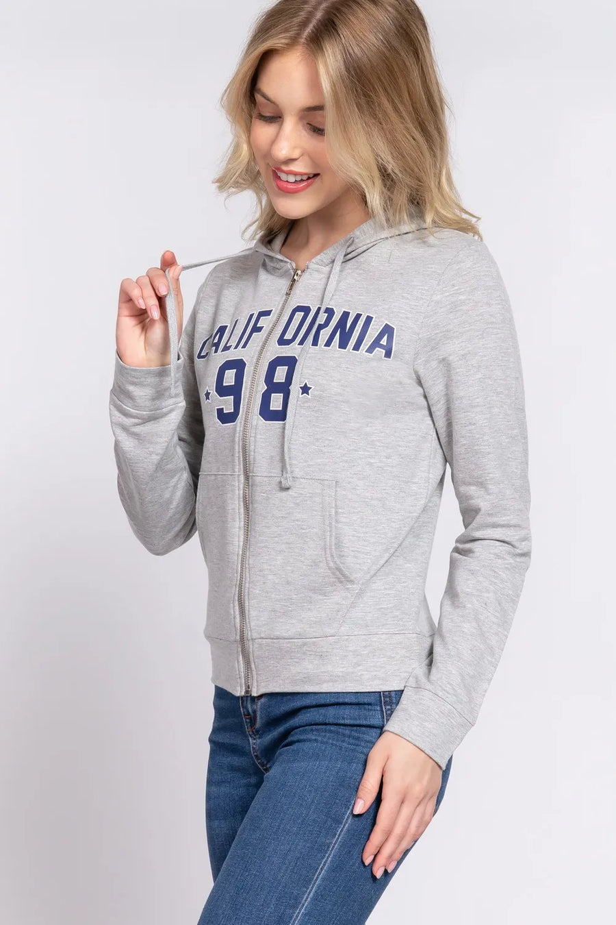 Grey zip hoodie with California '98 graphic, featuring a drawstring hood and front pocket.