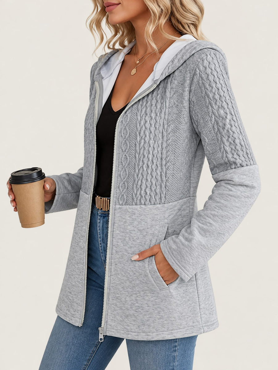 heather gray zip hoodie featuring hooded and cable knit