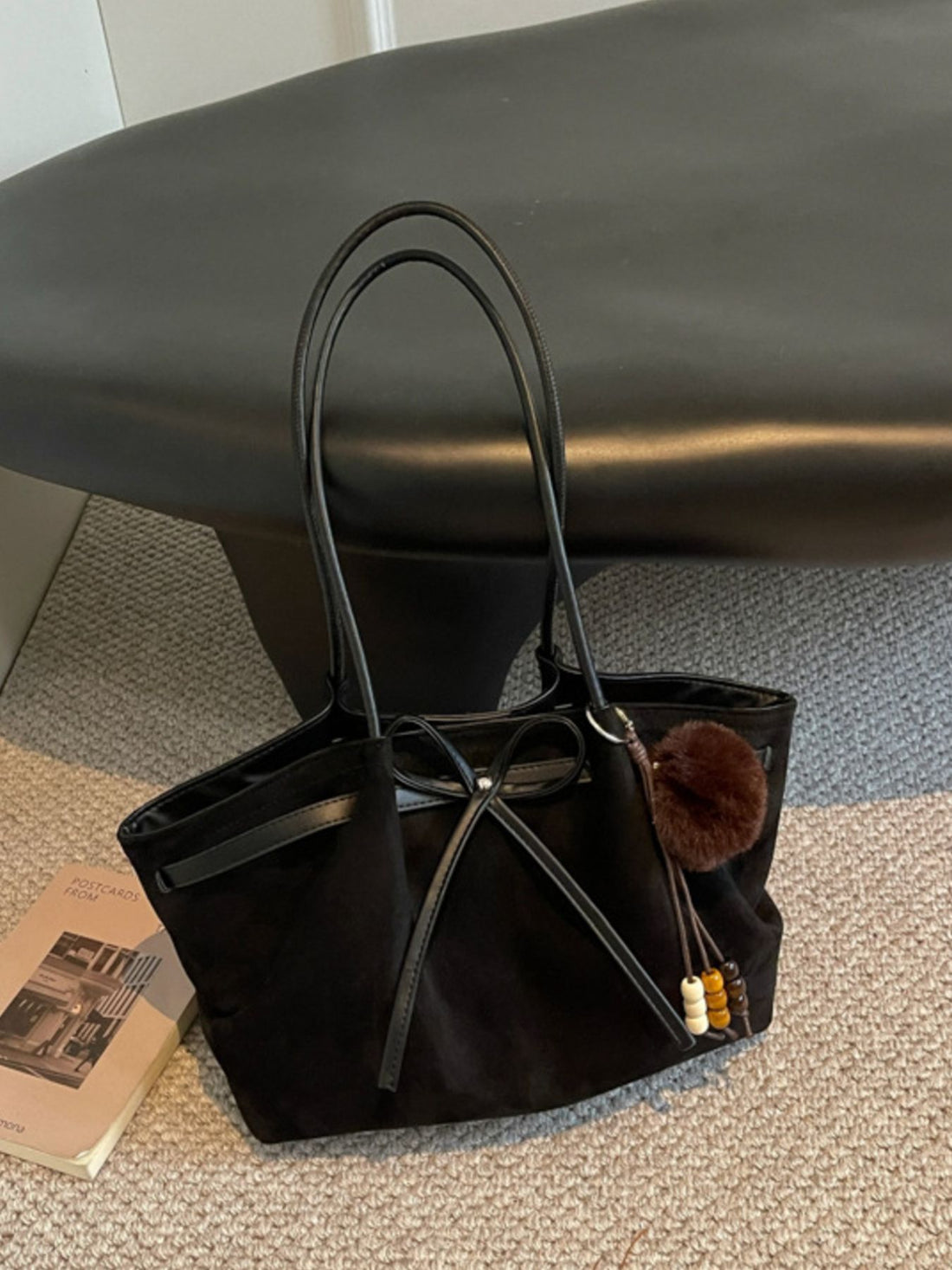 Bow Casual Tote Bag in black with shoulder straps
