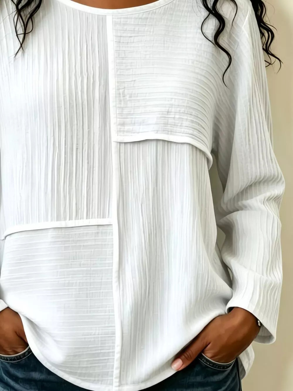 Dark Blue blouse featuring seam detail and patchwork