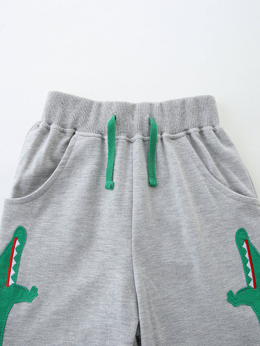Grey cotton shorts with green dinosaur applique and drawstring waist.