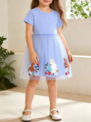 Light blue tulle dress with horse and floral embroidery, short sleeves, round neck.
