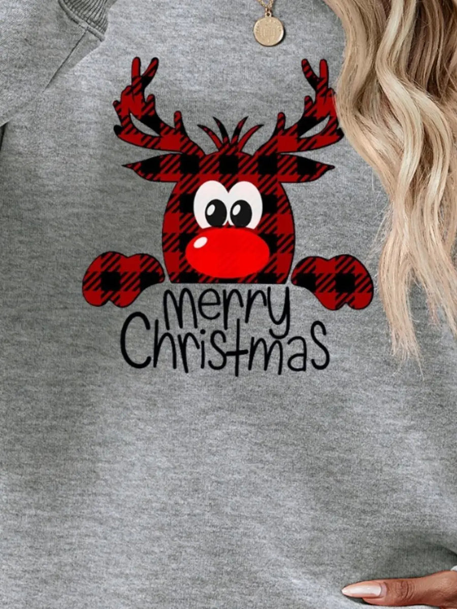 Plaid reindeer graphic crewneck sweatshirt with Merry Christmas text in gray
