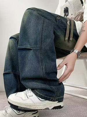 Blue denim cargo pants with visible stitching and flap pockets