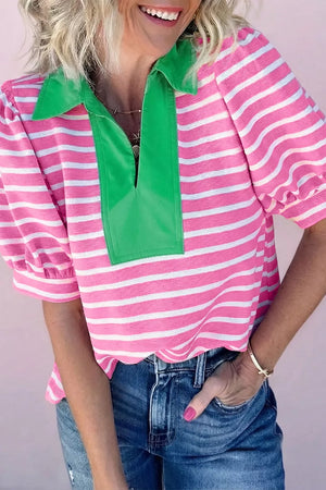 Pink and white striped cotton polo shirt with green collar and puff sleeves