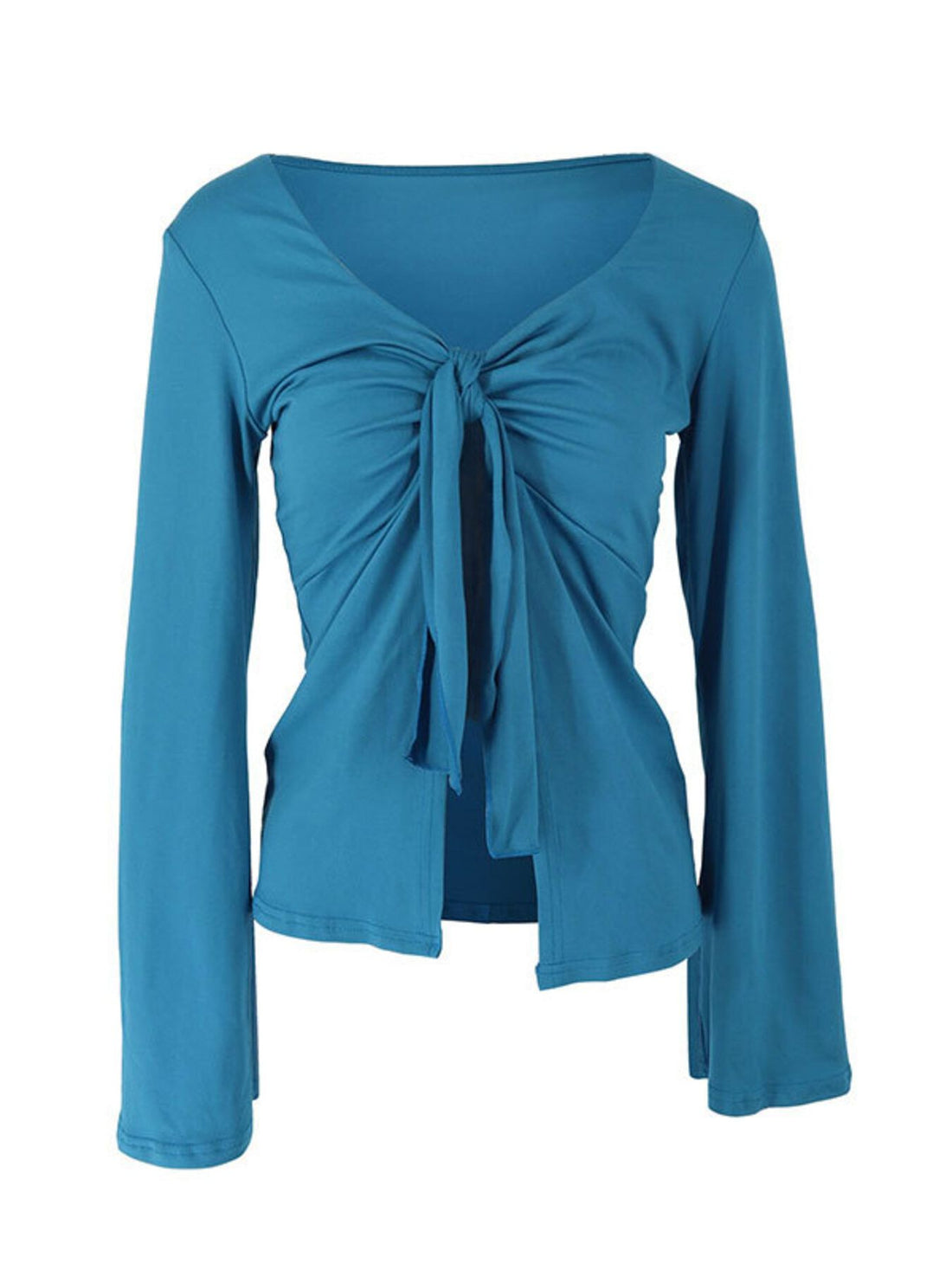 Blue tie-front long sleeve blouse with a deep V-neckline and ruched detailing.