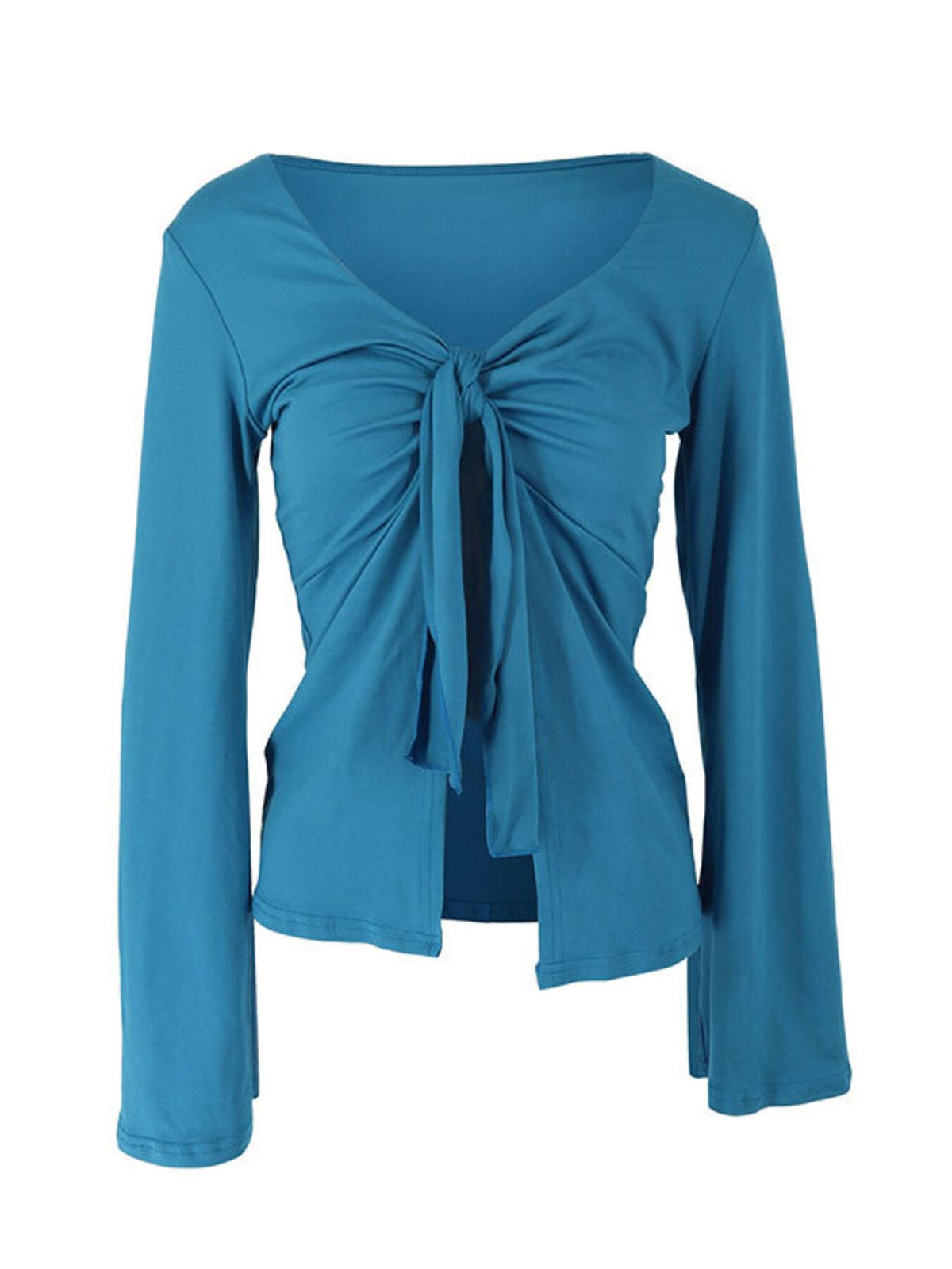 Blue tie-front long sleeve blouse with a deep V-neckline and ruched detailing.