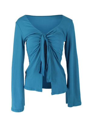 Blue tie-front long sleeve blouse with a deep V-neckline and ruched detailing.