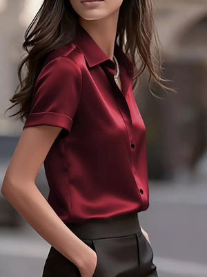 Satin Short-sleeve Shirt in Burgundy