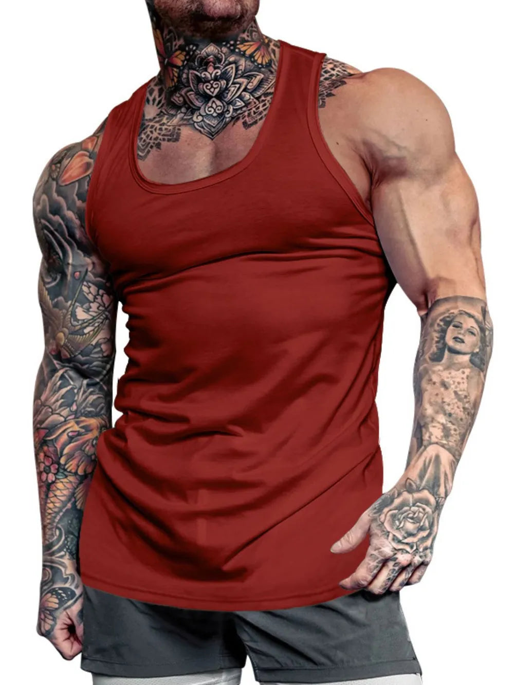 Performance Fit Scoop Neck Tank in Rust, a basic activewear top with a relaxed fit.