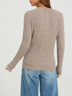 henley featuring ribbed in camel with 65% Recycled Polyester 13% Nylon 13% Acrylic 6% Wool 3% Spandex Care instruction