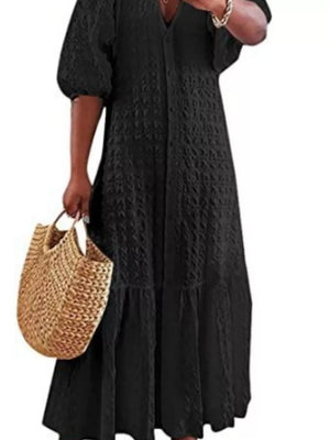 Elegant Puff Sleeve Textured Maxi Dress Plus Size in Yellow