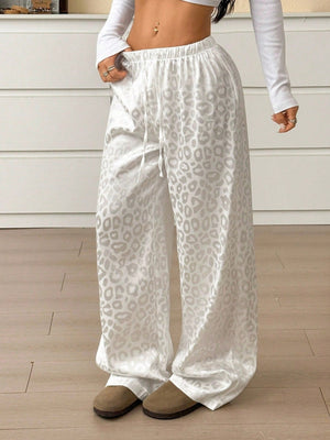 Wide leg leopard print satin lounge pants with drawstring waist