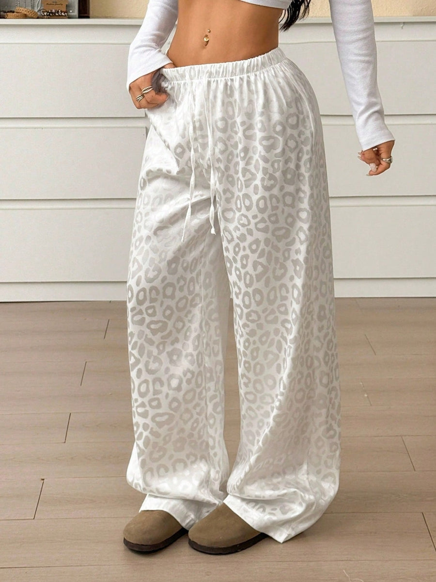 Wide leg leopard print satin lounge pants with drawstring waist