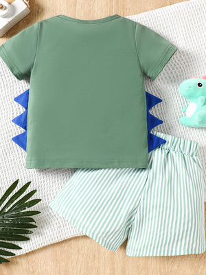 Green cotton tee with blue dinosaur spikes and striped shorts baby outfit