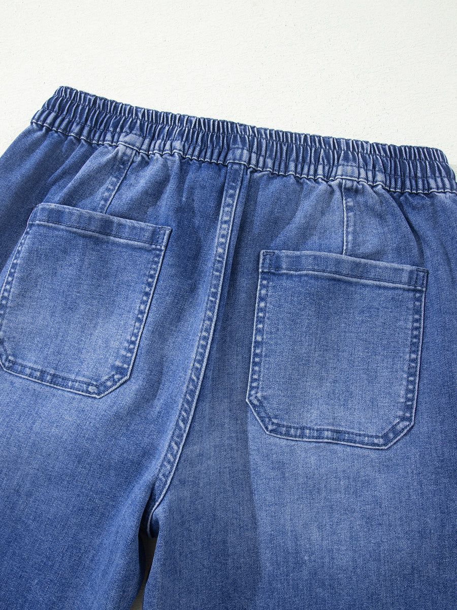 Drawstring Waist Ankle Length Casual Jeans in Dusty Blue