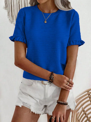 Blue textured t-shirt with ruffle sleeves and crew neck.