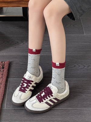 Cartoon Print Cotton Crew Socks in light gray with ribbed cuff