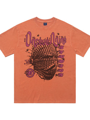 Orange oversized half sleeve cotton tee with graphic print and distressed look.