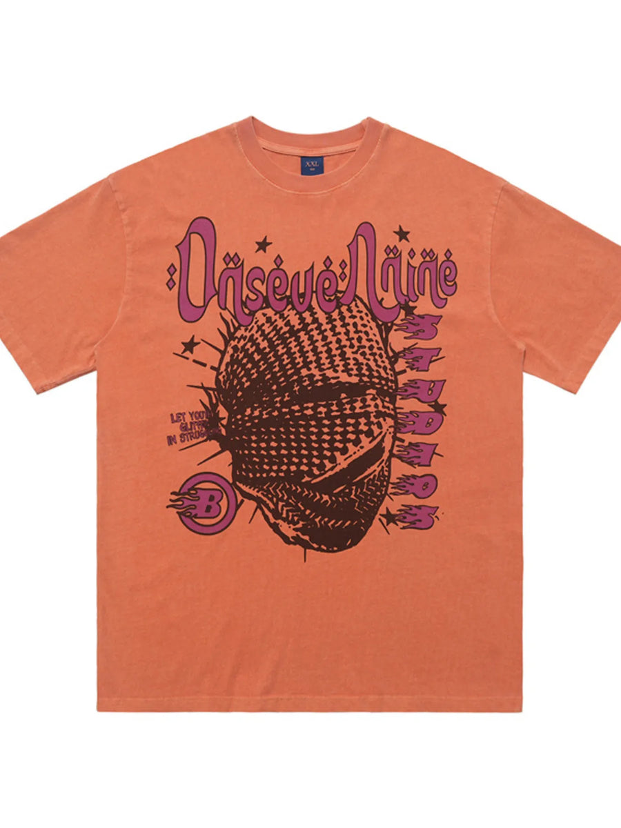 Orange oversized half sleeve cotton tee with graphic print and distressed look.
