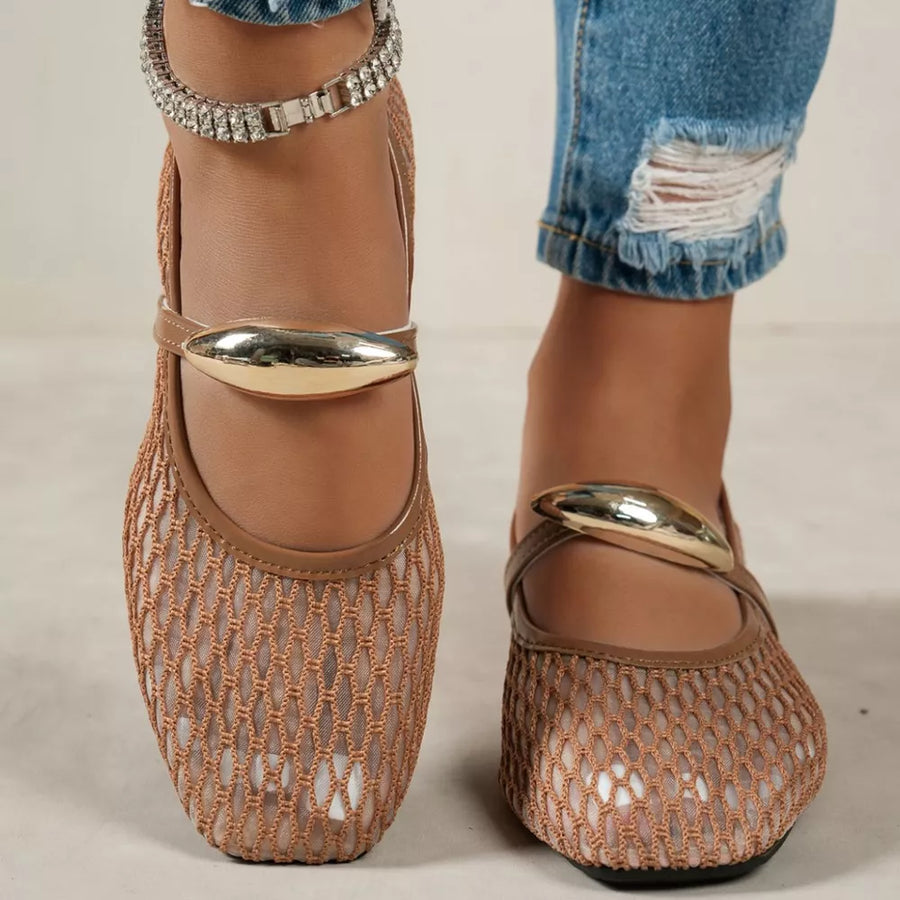 Beige with Square Toe Mesh Slip-on Flats