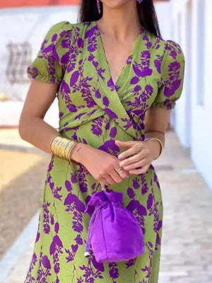 Green with V-neck Puff Sleeve Floral Midi Dress Plus Size in Green