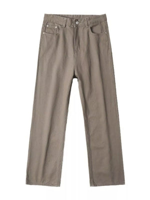 Brown wide-leg jeans with a comfort fit and cotton blend material.