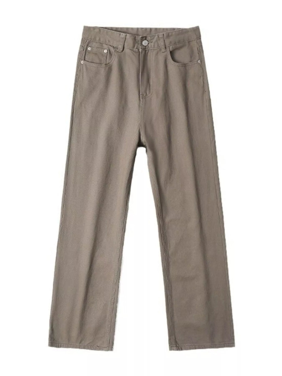 Brown wide-leg jeans with a comfort fit and cotton blend material.